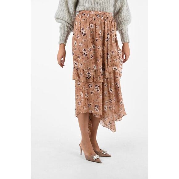 ULLA JOHNSON Torrie beige Silk Floral Print Asymmetrical Hem Midi Skirt Size 6 - Picture 3 of 15